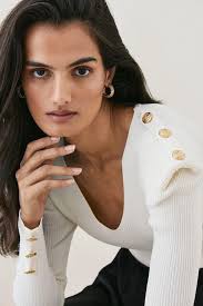 Strong Shoulder V Neck Military Rib Knit Top