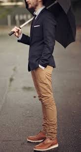 Whether you want to appear entrepreneurial but plain and informal, this is the best alternative of blazer you have. Men S Business Casual Shoes Navy Blazer Khaki Jeans And Camel Lace Up Rubber Sole Shoes Divine Style