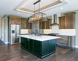 Tailored Rustic Transitional Hickory Kitchen With Gray Stone Stain And Painted Black Island Hickory Kitchen Modern Farmhouse Kitchens Hickory Kitchen Cabinets