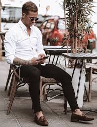 Black And White Button Up Shirt Outfit Summer Outfit Inspiration With A White Button Up Shirt With Rolled Up Sleeves Black Denim No Show Socks Brown Mens Fashion Casual White Shirt Men Mens Outfits