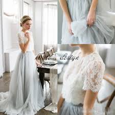 Discount Country Bohemian Two Pieces Wedding Dresses 2018 Dusty Blue Top Lace Short Sleeves Illusion Bodice Tulle Skirt Cheap Wedding Gowns Bride Dresses Online Bohemian Bridesmaid Dress Prom Dresses Two Piece
