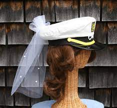 Bridal Captain S Hat With Veil Trimmed With Hearts Perfect For Nautical Bachelorette Pa Nautical Bachelorette Party Nautical Bachelorette Bachelorette Cruise