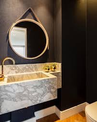Lavabo Pequeno Com Papel De Parede Azul Marinho E Bancada De Marmore Carrara Decorsalteado Lavabo Pequeno Papel De Parede Lavabo Papel De Parede Azul