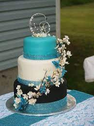 3 Tier Round Wedding Cake Black White And Teal Teal Wedding Black Wedding Cakes Round Wedding Cakes