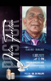 Funeral service of late our Pastor John Fortuin will be Sunday 17 July 2022  Groenbergsingel 20 at 10 o clock church at 11 christen gemeente Every  minister must be dress up in