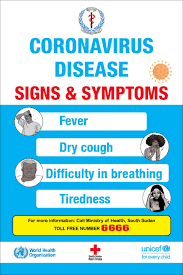 Blue bordered grungy drop of blood donation poster. Document South Sudan Covid 19 Signs Symptoms Poster