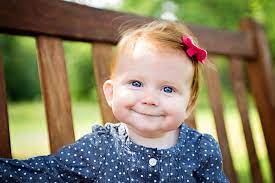 Kirtland Baby Photographer Red Hair Baby Girl Blue Eyes Cute Smile Bench Baby Girl Blue Eyes Redhead Baby Girl Redhead Baby
