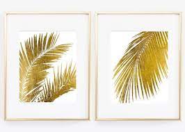Set Of Two Real Gold Foil Palm Tree Leaf Palnt Flower Tree Home Room Decor Wall Art Print Color Gold White Large Size Poste Real Gold Foil Tree Art Wall Prints