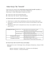 Nota tatabahasa berkaitan kata kerja transitif (kkt) dan kata kerja tak transitif. A Kata Kerja Tak Transitif Berpelengkap