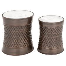 Decmode Marble Drum End Table Set Of 2 Marble Tables Design Marble End Tables