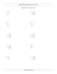 The Dividing Exponents With A Larger Or Equal Exponent In The Divisor With Negatives C Math Worksheet From The Algebra In 2020 Algebra Worksheets Exponents Algebra