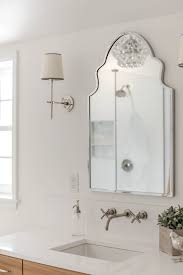White Oak Custom Bathroom Vanity White Countertops Scalloped Mirrors Herringbone Style Tile Jkath Custom Bathroom Vanity Custom Bathroom White Countertops