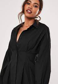 Missguided - Black Poplin Pleated Waist Shirt Dress Black Shirt Dress Poplin Dress Street Style Shirt Dress