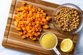 Whisk the lemon juice, tomato paste, 2 tablespoons olive oil, the paprika, thyme, garlic and 1/2 teaspoon each salt and pepper in a small bowl. Moroccan Couscous With Sweet Potato Chickpeas The Recipe Well