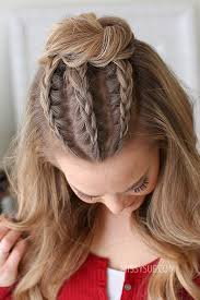 The rest of the hair is braided and twisted into a tall bun on top. Half Up Triple Braid Mini Bun Missy Sue