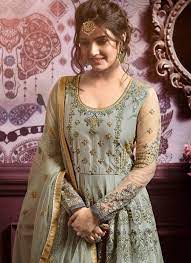 Olive And Golden Traditional Embroidered Anarkali Suit Hatkay Anarkali Suit Hairstyle Look Indian Designer Suits