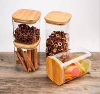 Square Glass Storage Jars with Natural Bamboo Lid Silicone Ring and Labels  Kitchen Food Storage Jars