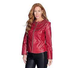 Pamela Mccoy Leather Long Sleeved Stud Detailed Zip Front Jacket On Sale At Evine Com Leather Jacket Jackets Red Jacket