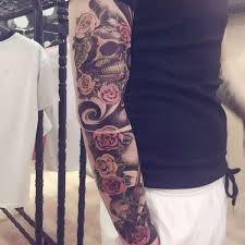 Black and gray day of the dead tattoo. Full Arm Sleeve Tattoo Stickers Large Rose Flower Shoulder Fake Tattoos For Men Death Skull Black Fire Temporary Tattoos 48cm Fake Tattoo Sleeves Tattoo Sleevetattoo Sleeves For Men Aliexpress