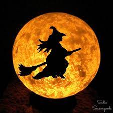 Halloween Moon And Witch Decor From A Glass Globe Light Fixture Halloween Moon Spooky Halloween Decorations Witch Decor