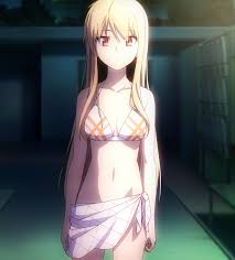 shiina mashiro, sakura-sou no pet na kanojo, anime screenshot, highres,  stitched, third-party edit, 1girl, bikini, blank stare, blonde hair,  breasts, large breasts, long hair, looking at viewer, navel, night, night  sky, outdoors,