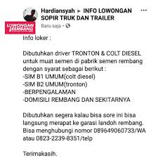 Selaras mitra integra pasuruan reviewed by aji habibi on 11:33 rating: Lowongan Kerja Driver Sopir Tronton Dan Colt Diesel Cargo Varia Usaha Semen Gresik Indonesia Rembang Lowongan Rembang