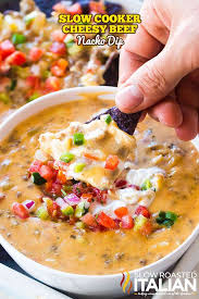Slow Cooker Nacho Dip With Video This Recipe Is Luxuriously Creamy And Cheesy Loaded With Perfectly Bro Nacho Dip Nachos Dip Recipe The Slow Roasted Italian