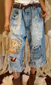 Upcycled Distressed Cropped Ralph Lauren Jeans 40 Taillenlocher Aufnaher Tmyers Upcycled Fashion Boho Womens Clothing Upcycle Jeans