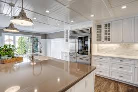 Taupe Quartz Island Countertop Cottage Kitchen Minimalist Kitchen Design Home Remodeling Basement Remodeling