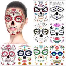 How much does tattly pay for temporary tattoos? Buy Halloween Temporary Face Tattoos 8pack Konsait Day Of The Dead Sugar Skull Floral Black Skeleton Web Red Roses Full Face Mask Tattoo For Women Men Adult Kids Boys Halloween Party Favor