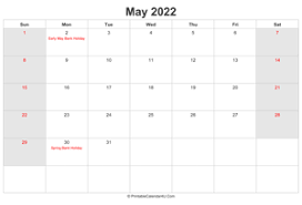 The uk gets to enjoy two bank holiday days in may every year, with the next falling on monday may 31. 2022 Uk Calendar Templates