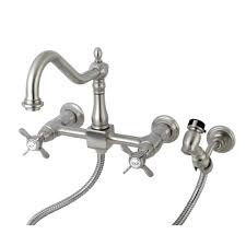 Shop our vast inventory and best online deals. Kingston Brass Victorian Solid Cross 2 Handle Wall Mount Kitchen Faucet With Side Sprayer In Brushed Nickel Hks1248bexbs The Home Depot