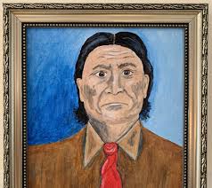 Outsider Art Painting Original Naive Folk Male Portrait Silver Framed Man  Black Hair Brown Shirt Red Neckerchief (geronimo, Apache Leader)