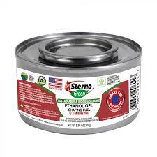 Sterno cans are then placed under the pan and lighted. 2 Hour Sterno Green Ethanol Gel