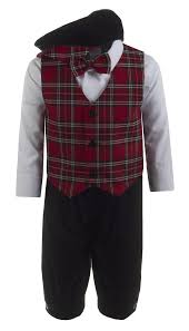 Boys Black Velvet Knickers With Plaid Holiday Vest And Pageboy Hat