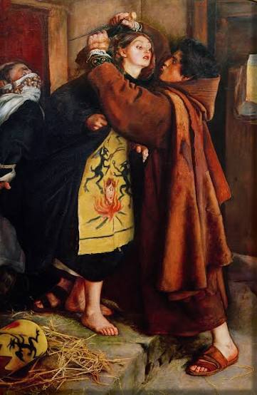 This painting takes us back to the brutal days of the Inquisition, when  being labeled a “heretic” could cost you your life. The woman is about to  escape execution—she's in disguise, her