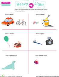 Comparing Heavy Vs Light Worksheet Education Com Heavy And Light Preschool Math Worksheets Preschool Math