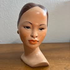 Vintage 1970s Asian Women Bust Hand-painted 8” Ceramic Statue Retro Decor