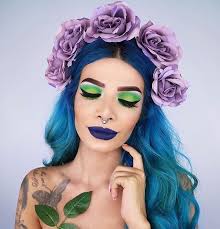 Nice Blue Hair Match With Purple Flower Bodyart Blue Hair Flower Crown Makeup Look Blue Hair Makeup Looks Makeup