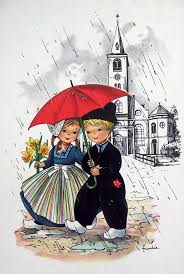 Girl And Boy Under Umbrella Vintage Illustration Umbrella Vintage Postcard