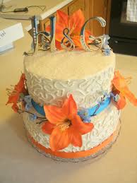 Blue And Orange Themed Wedding Cake 2 Tier Stacked With Real Ribbon Cake Topper And Artificial Flowers Provided Orange Wedding Cake Cake Themed Wedding Cakes