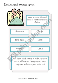 Whether you're having an elegant buffet or a backyard barbecue, menu cards are a fun way to decorate every place setting. Restaurant Menus Esl Worksheet By Borna