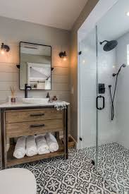 Love This Farmhous Bathroom Wood Vanity Patterned Floor Black Accents Sconces Sh Bathroom Remodel Master Small Bathroom Remodel Modern Farmhouse Bathroom