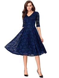 Navy Lace Flare Mid Calf Evening Cocktail Dress For Women With Sleeves Party Dress Midi Cocktail Dress Womens Dresses Party Dresses For Women