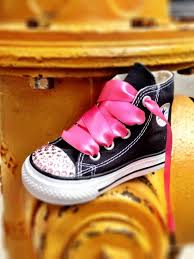Black And Pink Converse High Tops Black Swarovski Rhinestone High Top Chuck Taylor Converse With Hot Pink Ribbon Shoelaces For Girls Exc Embellished Shoes Diy Embellished Shoes Hi Top Converse