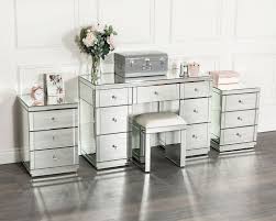 Monroe Silver Mirrored Dressing Table Set With 2 X 3 Drawer Bedside Chests And Stool Dressing Table Set Mirrored Bedroom Furniture Mirror Bedside Table