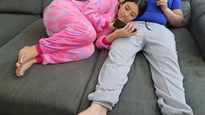 Lying on stepbrothers laps ends with blowjob and cum swallowing