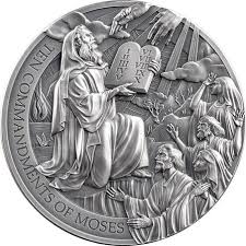 2024 THE TEN COMMANDMENTS OF MOSES; 2 Ounce Antiqued Silver Coin