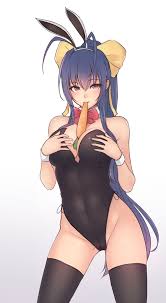 bluefield, mai natsume, blazblue, blazblue remix heart, highres, 1girl,  animal ears, antenna hair, bare shoulders, between breasts, black leotard,  black thighhighs, blue hair, blush, bow, bowtie, breast hold, breasts,  cameltoe, carrot, cleavage,