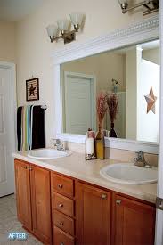 Add Molding To A Plain Huge Bathroom Mirror That Top Piece Does It Bathroom Mirror Makeover Bathroom Mirrors Diy Bathroom Mirror Frame